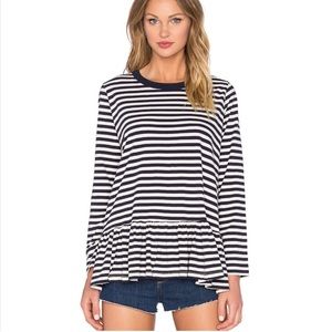 The Great Navy White Striped Peplum Ruffle Tee Long Sleeved 0 XS